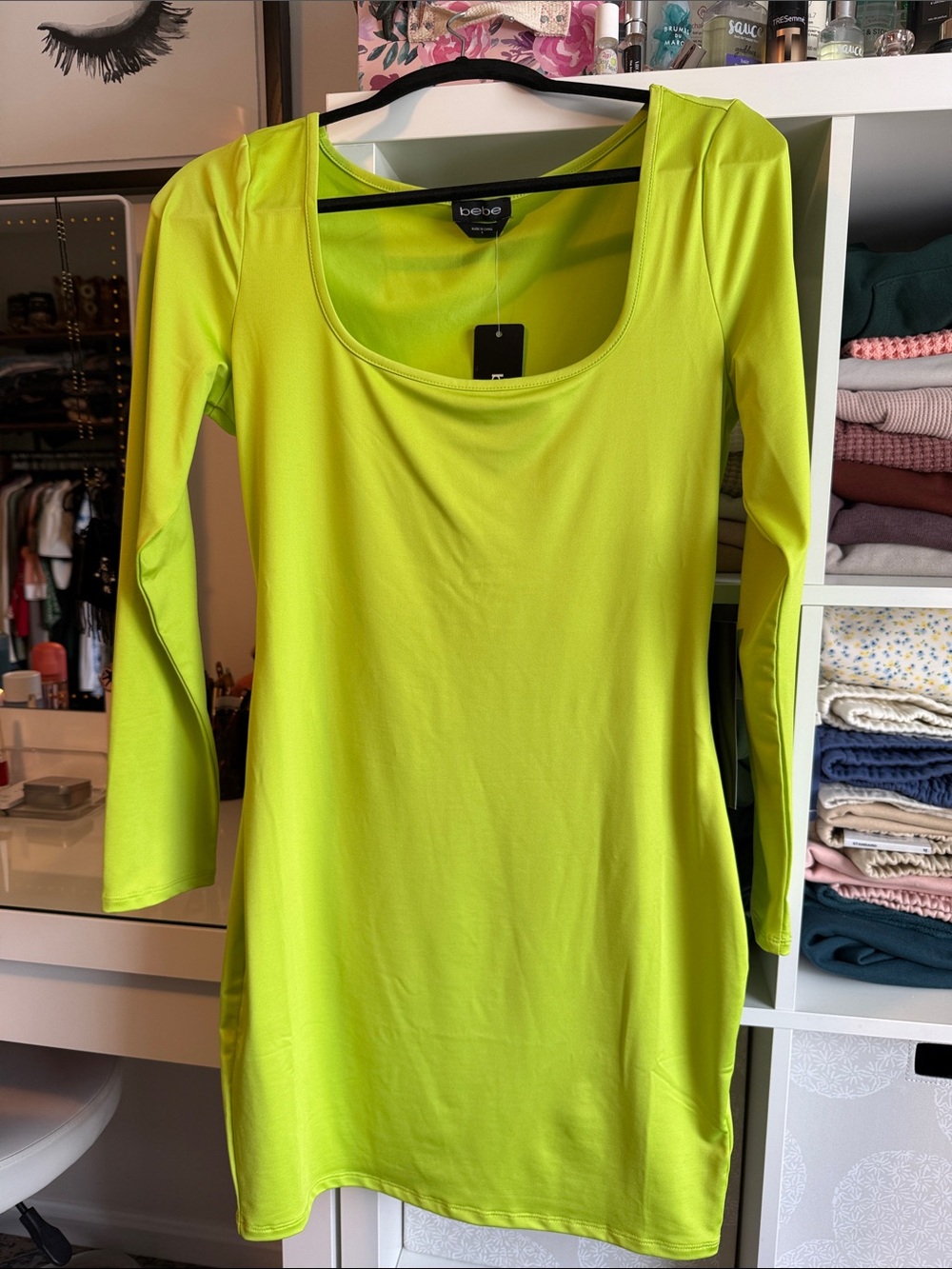 bebe Neon Lime Scoop Neck Long Sleeve Mini Dress NWT Size Large
